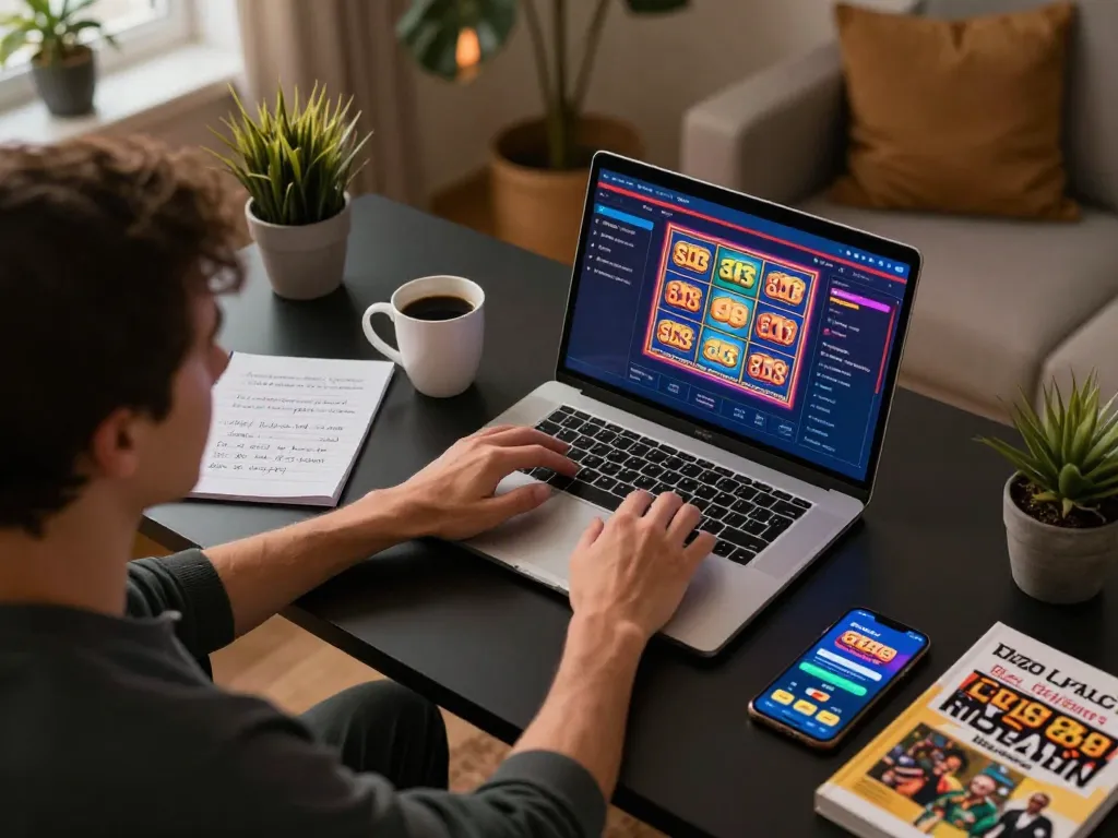Engaging gameplay on slot88 platform from a cozy home office setup, showcasing user interaction with gaming app.
