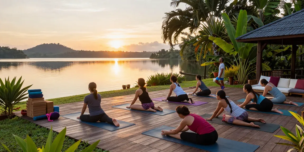 Engaging group practice during Hatha yoga teacher training Sri Lanka at sunrise by Koggala Lake.