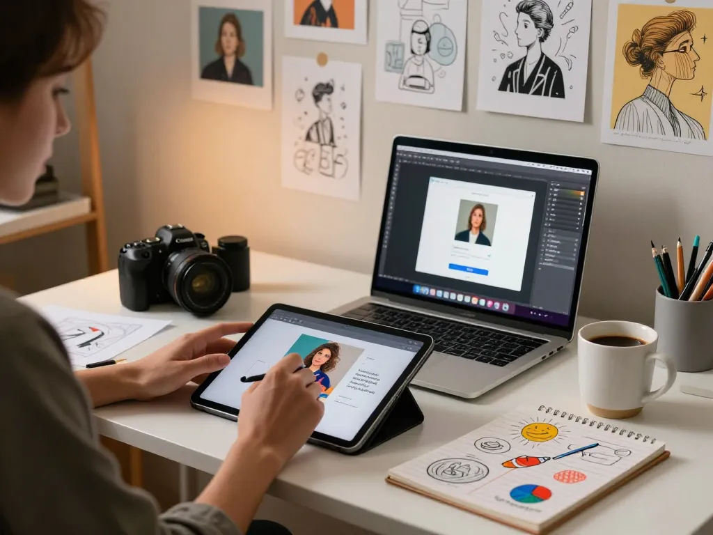 Graphic designer converting image to prompt ai in creative workspace.