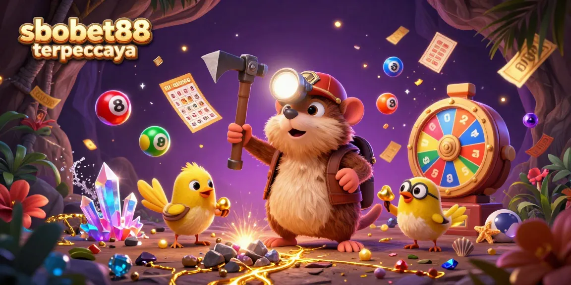 Experience sbobet88 terpercaya with engaging 3D visuals of a treasure hunter mole and elements of vibrant gambling.
