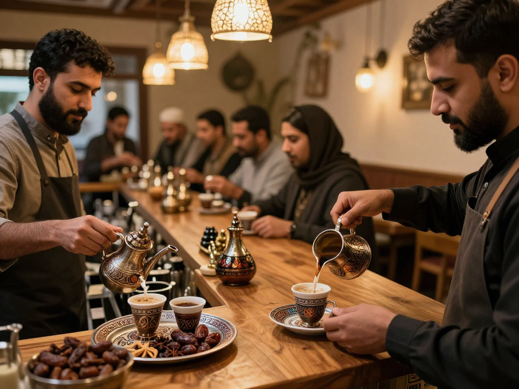 قهوجيين وصبابين يعدون القهوة العربية في مقهى دافئ وجذاب.