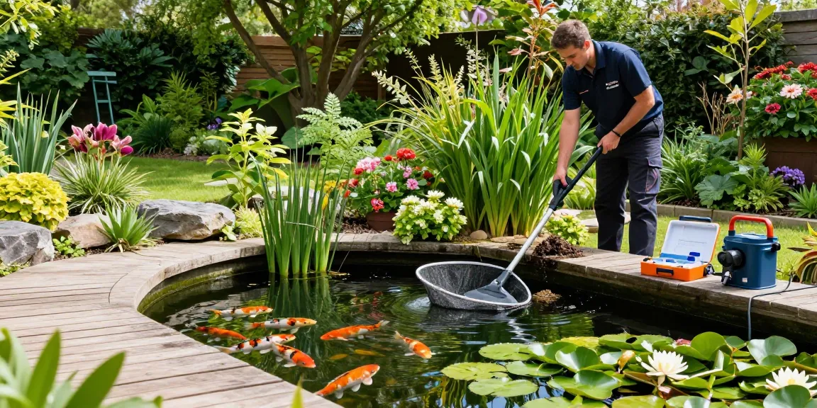 Pond Clean London: Professional maintaining a vibrant backyard pond in a serene London garden.