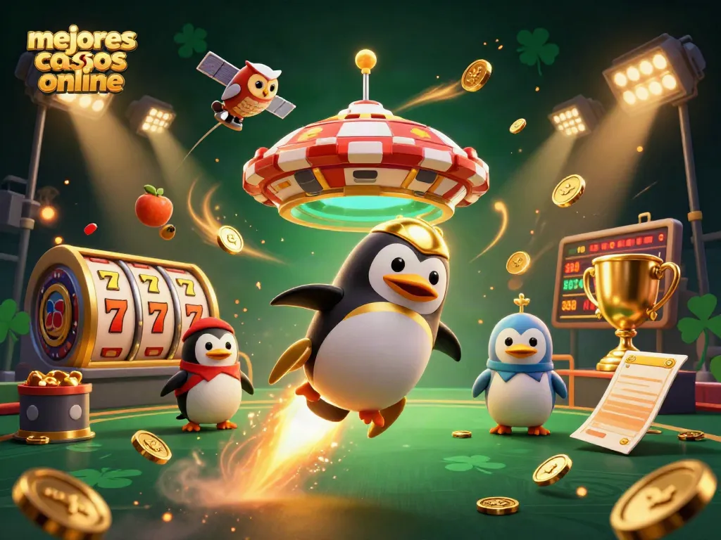 Jugando en los mejores casinos online mientras el pingüino dorado vuela hacia un casino espacial.