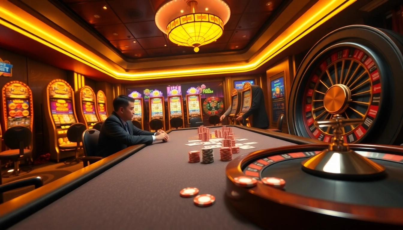 Exciting online gambling experience at nn88 with poker tables, chips, and vibrant casino graphics.
