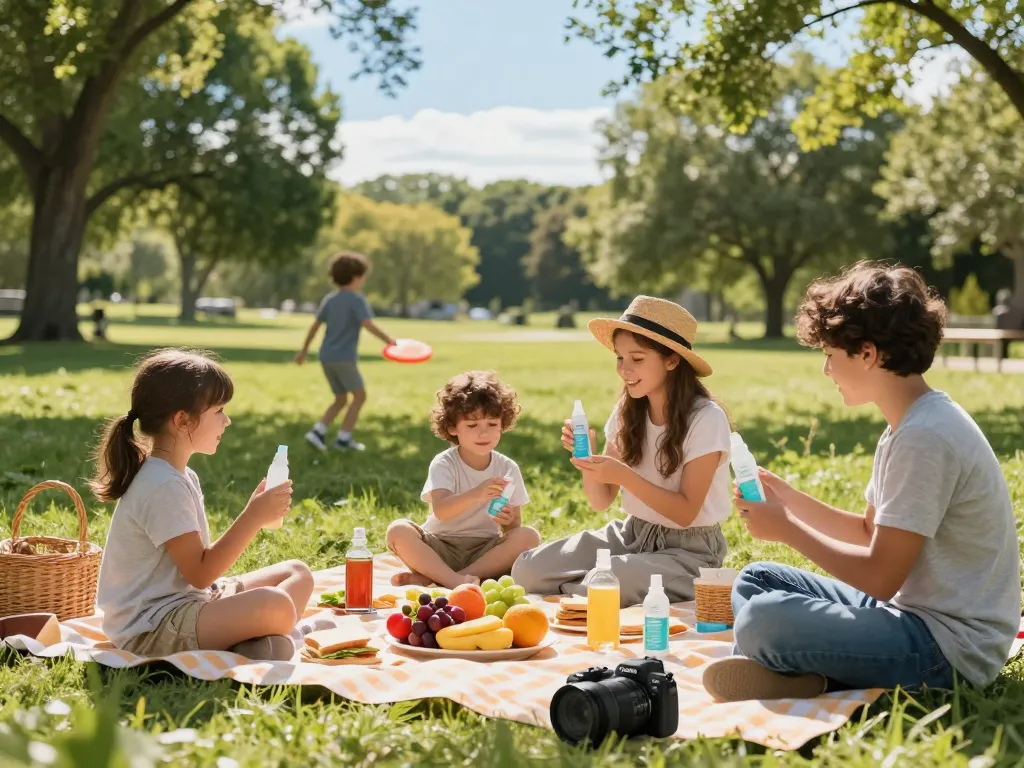 Family enjoying a picnic while using mosquito repellent for outdoor protection.