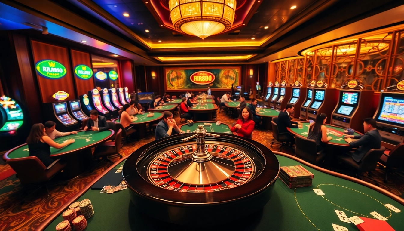 Excited players engage in games at the nhà cái rr88 casino, showcasing vibrant roulette and poker setups.