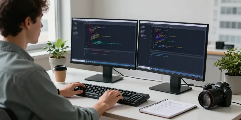Developer using Notepad++ at a modern coding workspace with dual monitors.