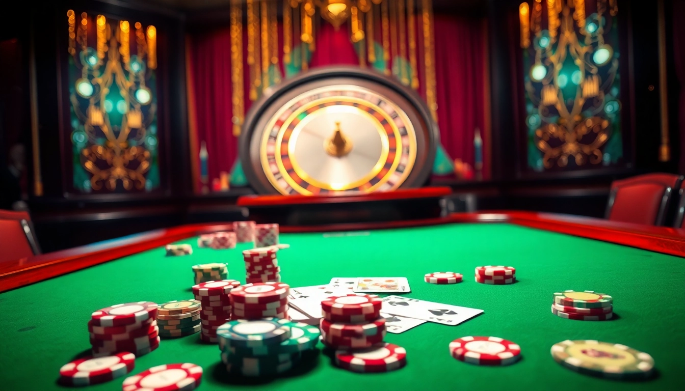 Vivez l'excitation sur un site de casino en ligne avec des jetons de poker colorés et une roue de roulette.