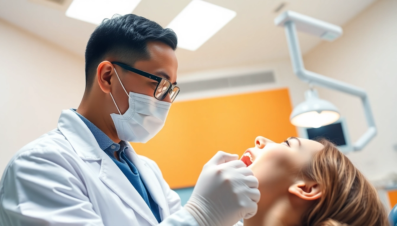 Dentist examining a patient's mouth in a bright, professional dental clinic.