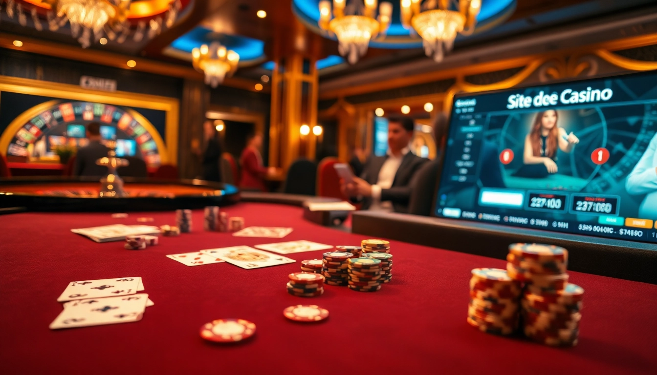 Des joueurs élaborant des stratégies à une table de poker de site de casino en ligne avec des jetons vibrants et des cartes à enjeux élevés.