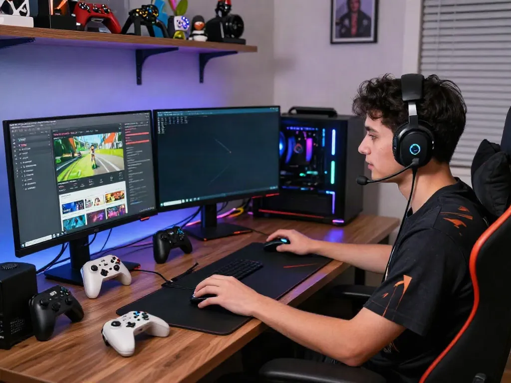 G15Tools gaming setup showcasing a focused player using dual monitors with vibrant RGB lighting.
