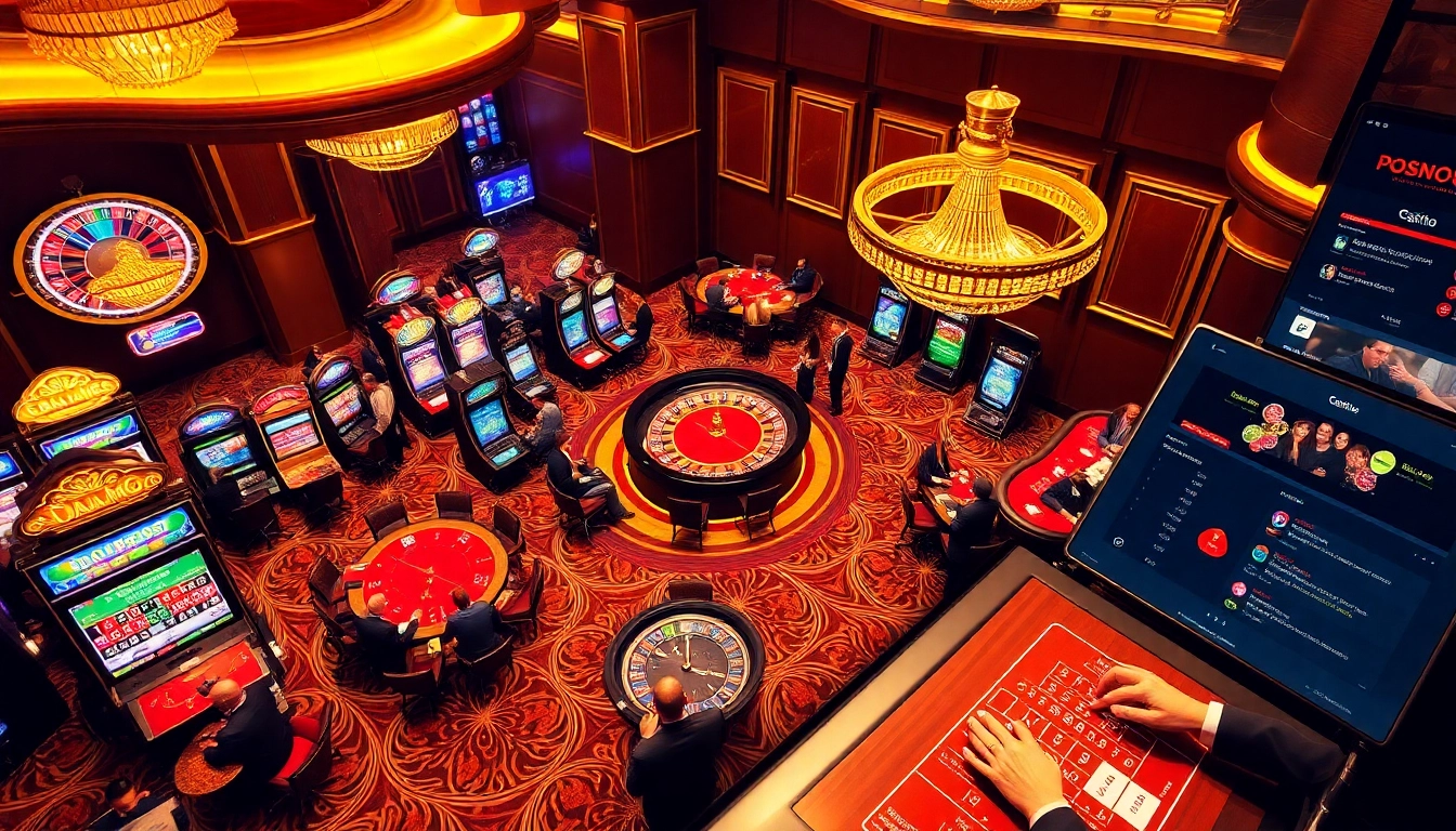 Scène de jeu passionnante mettant en vedette un site de casino en ligne avec des joueurs divers autour des tables.