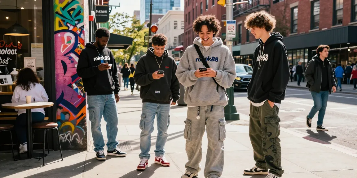 Friends enjoying city life in stylish streetwear, showcasing rokok88 collectibles