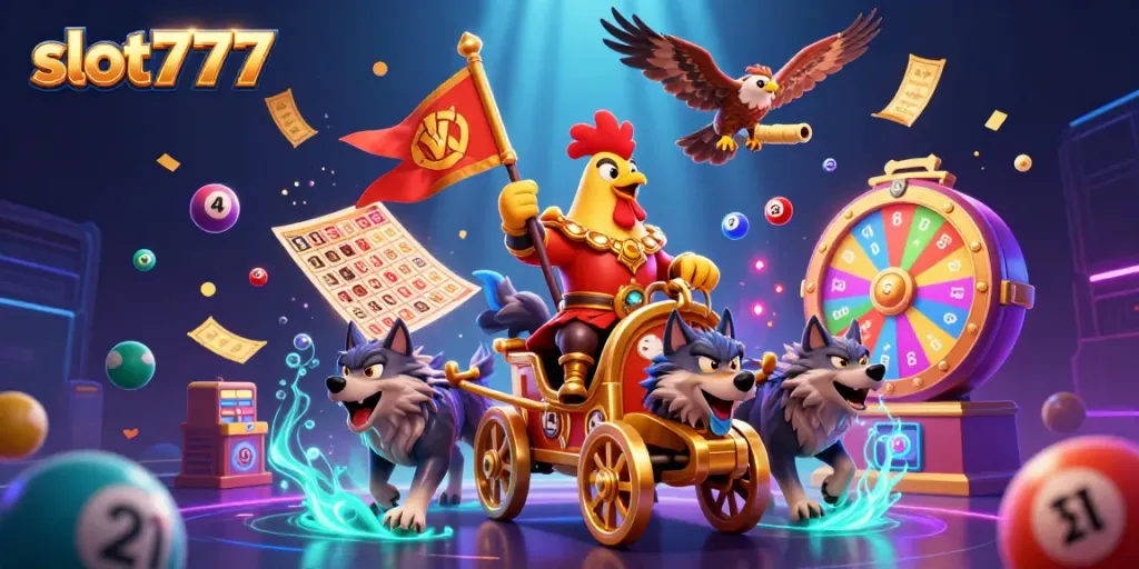 Permainan seru slot777 dengan karakter kartun yang dinamis dan bola undian berwarna-warni.