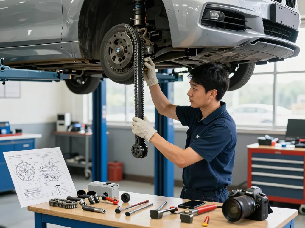 bmw steuerkette hannover wird von Mechaniker im Werkstatt gewechselt
