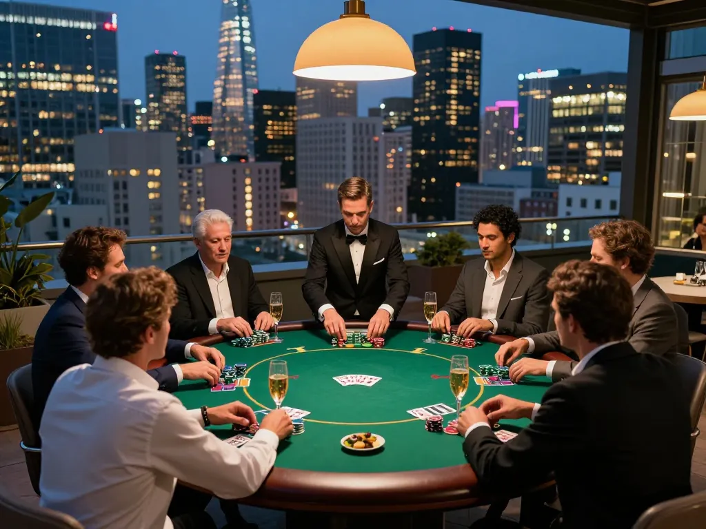 Players enjoying a high-stakes poker game at luxury rooftop setup while using 8kbetbh platform.