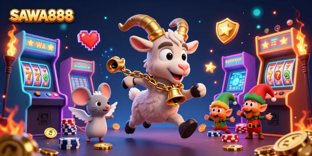 Join the festive chaos at SAWA888’s casino with Krampus, angel mouse, and playful gremlins.
