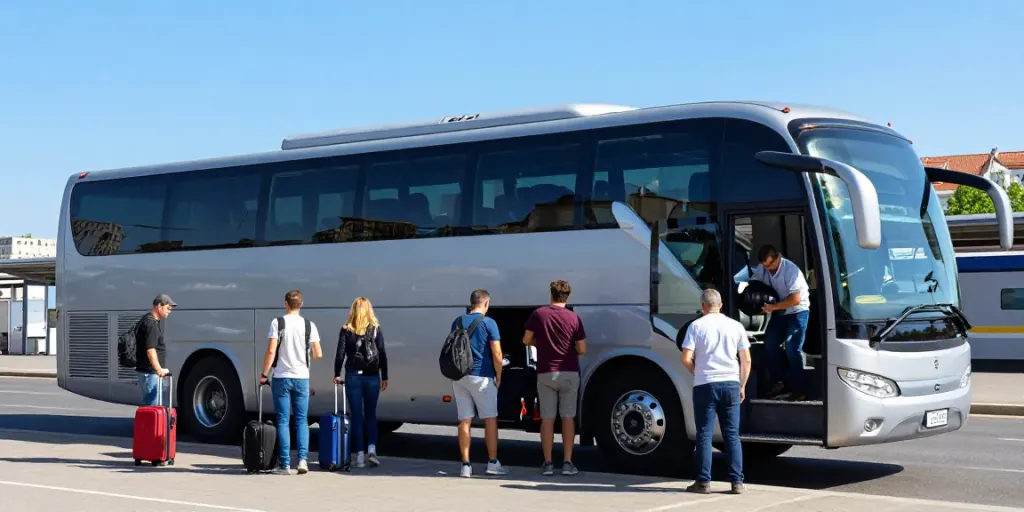 Transport persoane Moldova Europa - Călători îmbarcându-se în autocar modern, evidențiind serviciile de transport
