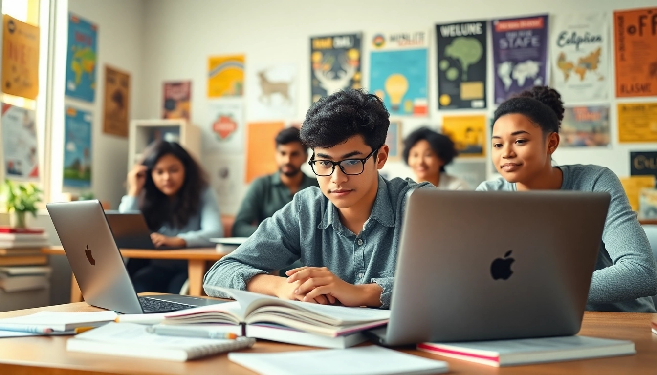 Students utilizing toefl expert help in a warm study setting, engaging with textbooks and technology.