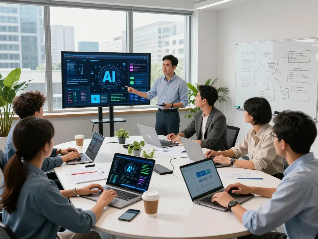 Team collaborating on innovative AI solutions in modern office environment, emphasizing dynamic teamwork and creativity in technology.