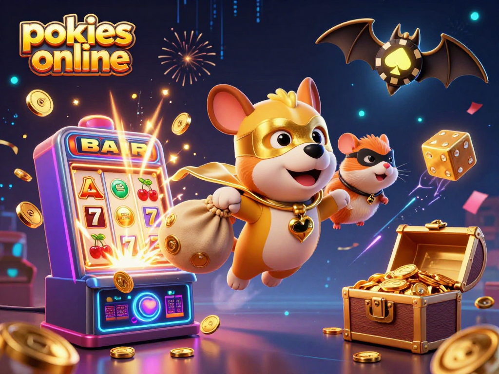 Experience pokies online with a playful superhero dog and hamster in a vibrant casino illustration.