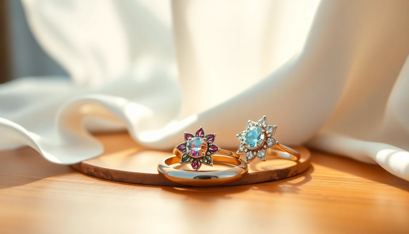 Showcase of luxury rings with intricate designs and sparkling gemstones.