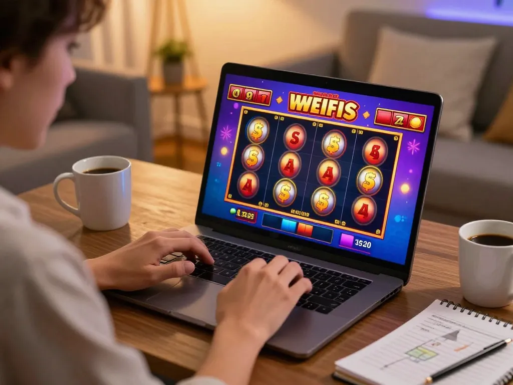 Situs slot game in action on a laptop, showcasing strategic online gambling in a warm home setting.
