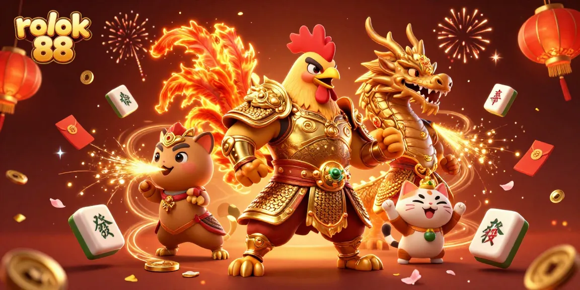Engage with rokok 88's thrilling casino adventure featuring a warrior rooster, dragon, and festive elements.