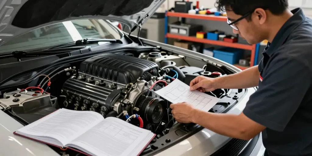 Hellcat motor for sale showcased in a mechanic's workshop, highlighting its supercharged components.