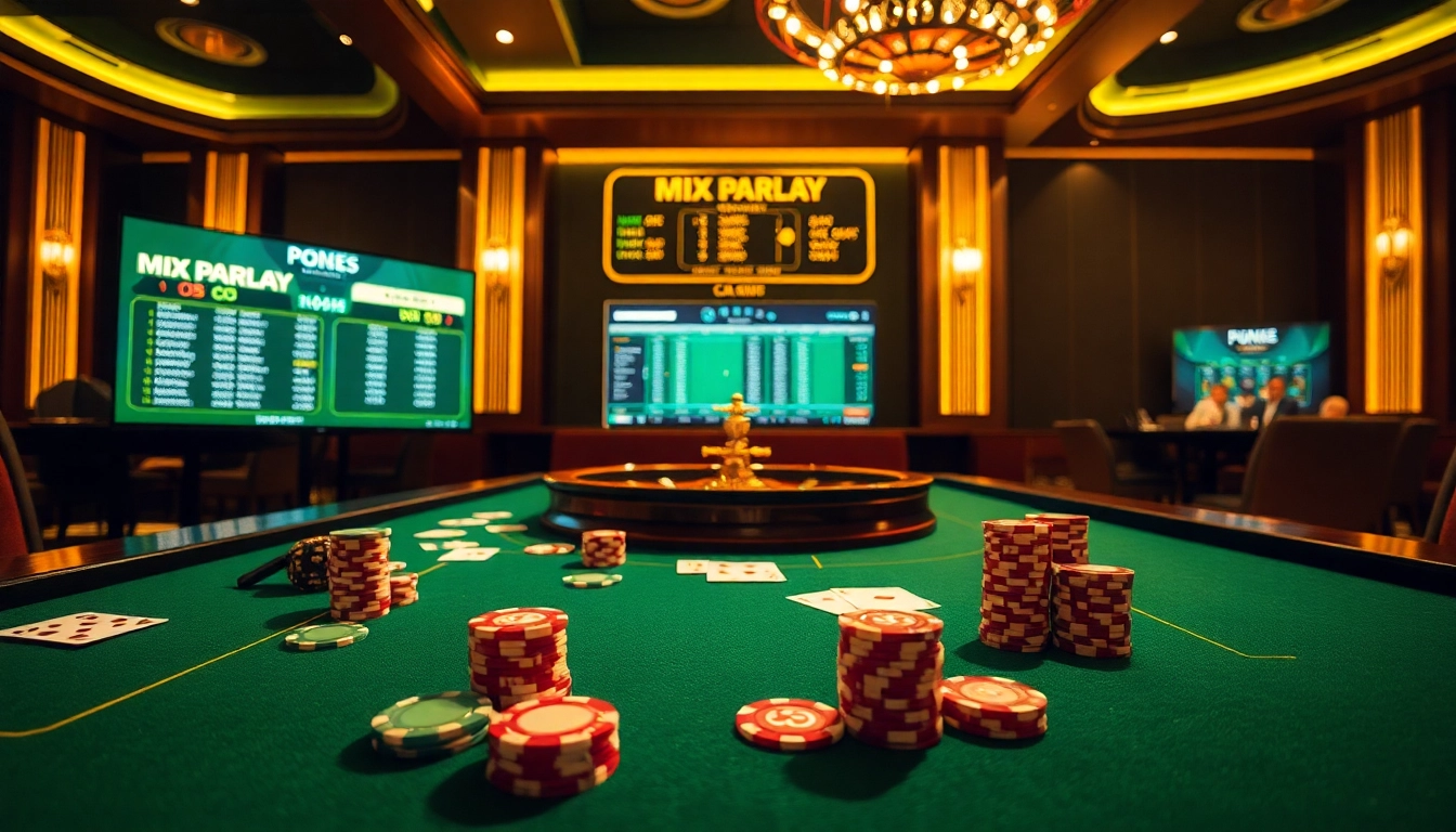 Engaging scene featuring a Mix Parlay betting table with luxurious poker chips and vibrant playing cards.
