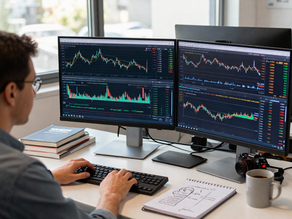 交易者在使用TradingView分析股票和外汇市场数据，桌面上有交易策略笔记和金融指标工具。