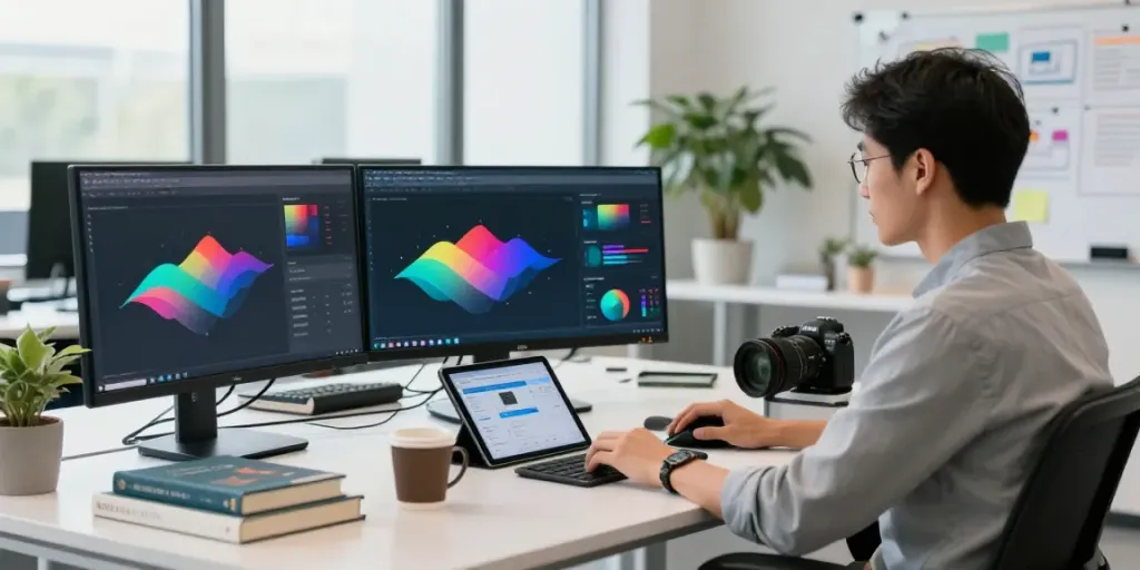 Azure managed cloud services workspace with IT professional analyzing performance metrics and dashboards