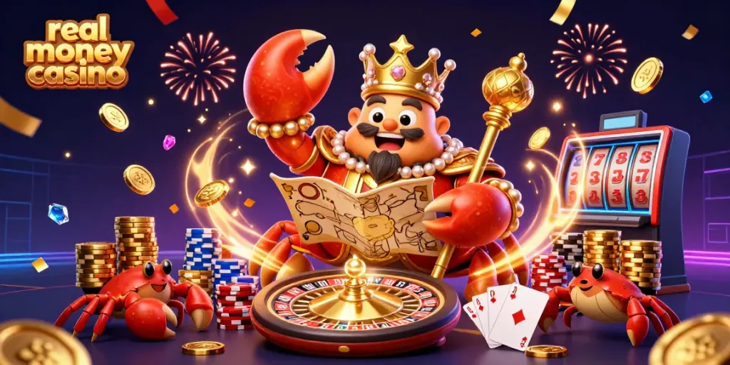 Experience real money casino fun with a golden crab emperor and vibrant gambling elements.