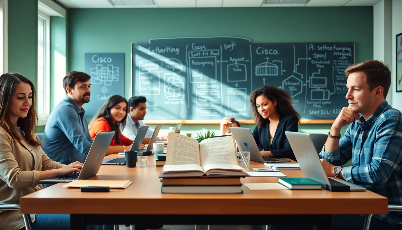 Cisco exam assistance study group collaborating in a bright, modern workspace.