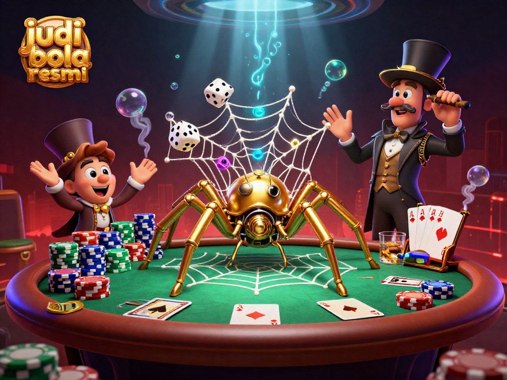 Engage in judi bola resmi with a steampunk-themed poker scene featuring vibrant characters and dynamic casino elements.
