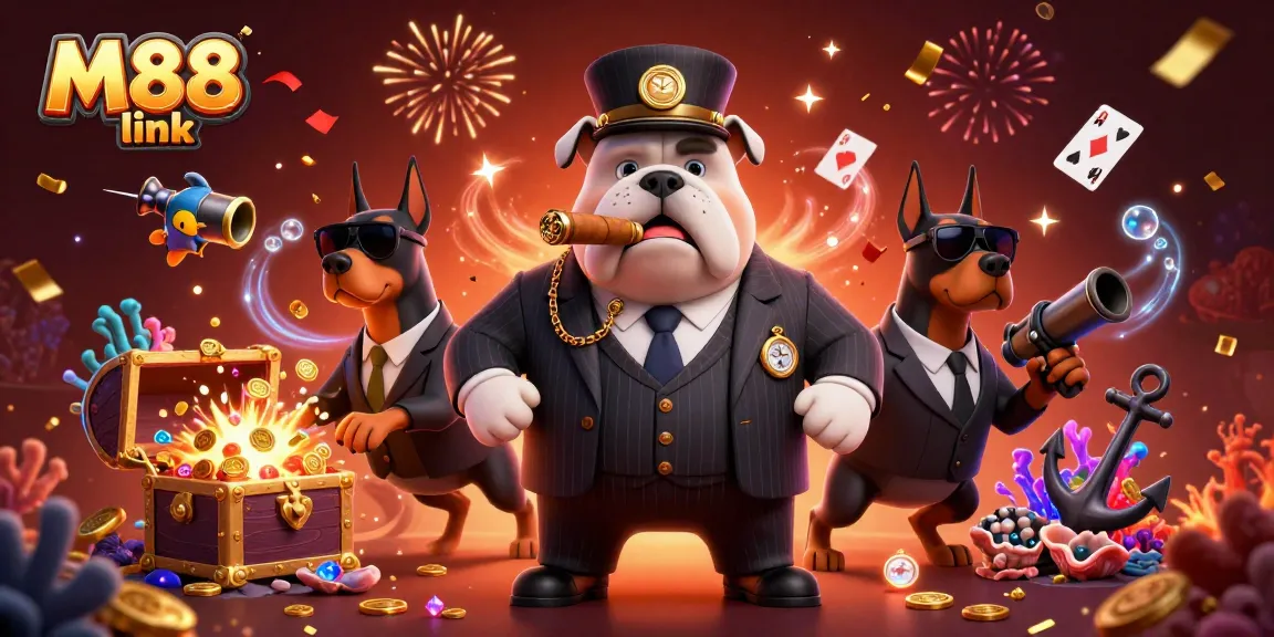 Win big on M88 link with a vibrant 3D scene showcasing a mafia boss and excitement.