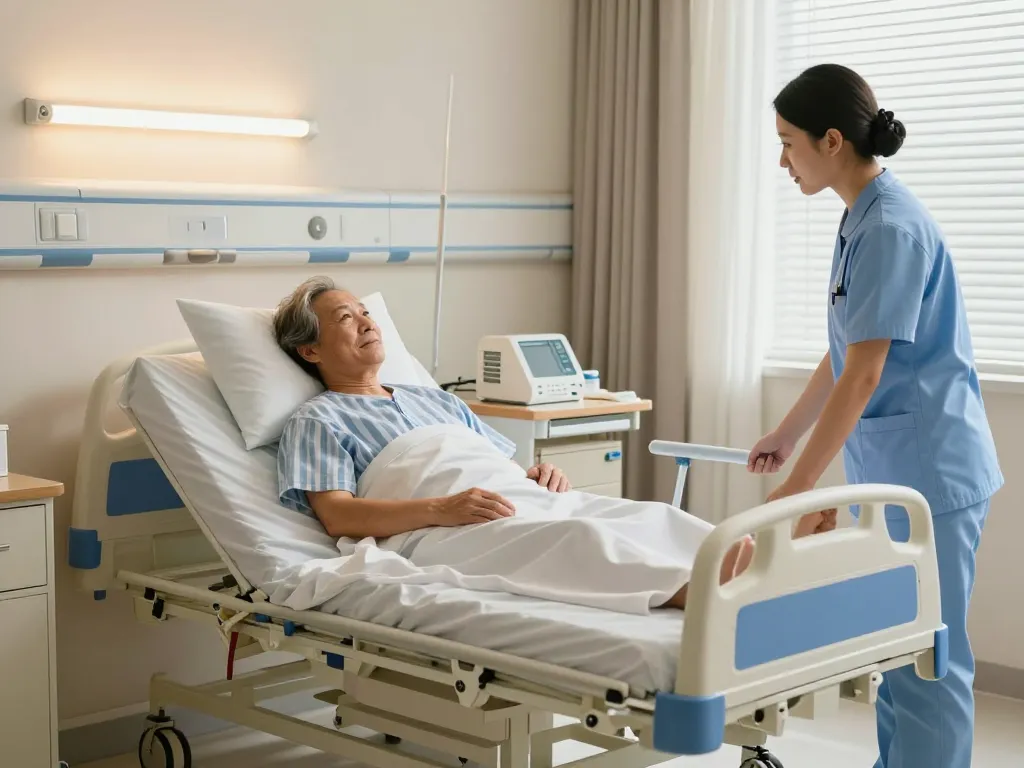 giường bệnh nhân in a hospital room with a nurse assisting an elderly patient, showcasing comfort and care.