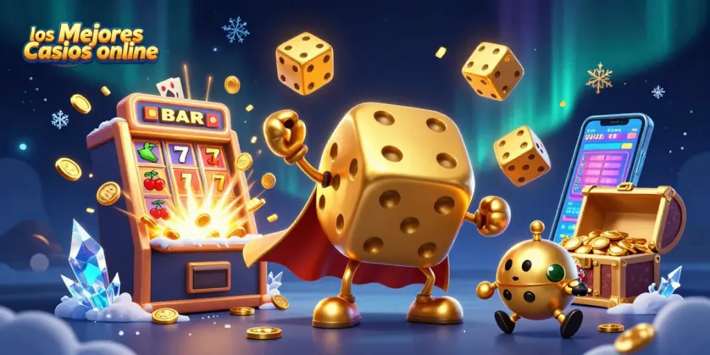 Ilustra los mejores casinos online con un golem de dados dorados y explosiones de monedas.
