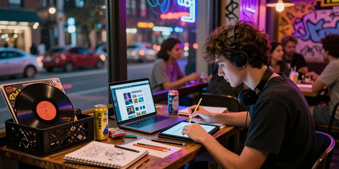 Artist creating digital artwork in an urban nightlife café, featuring nsfw ai content on the laptop.