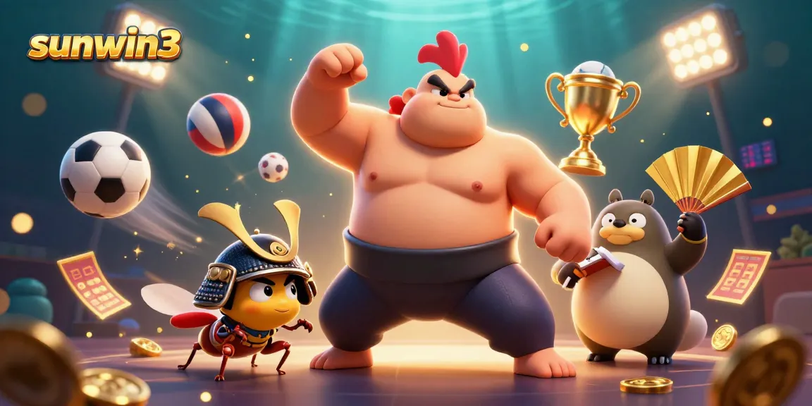 Experience thrilling action at sunwin3 with a powerful sumo wrestler, samurai cricket, and tanuki announcer.