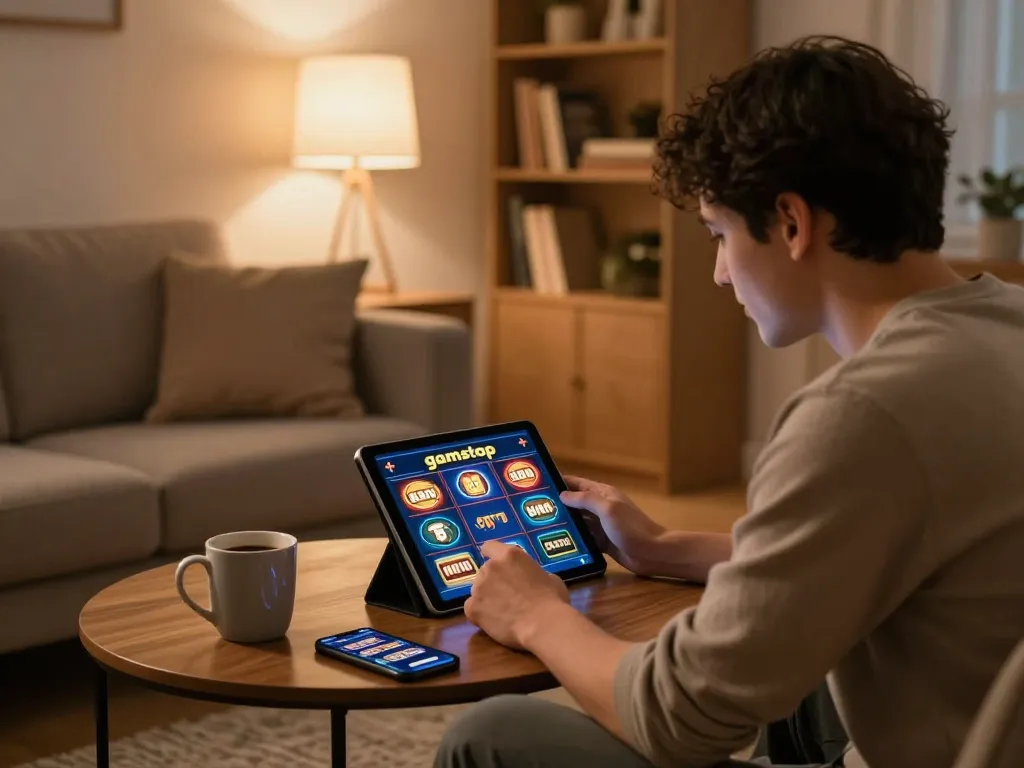 Playing slots not on gamstop on a tablet in a cozy living room setting with warm lighting