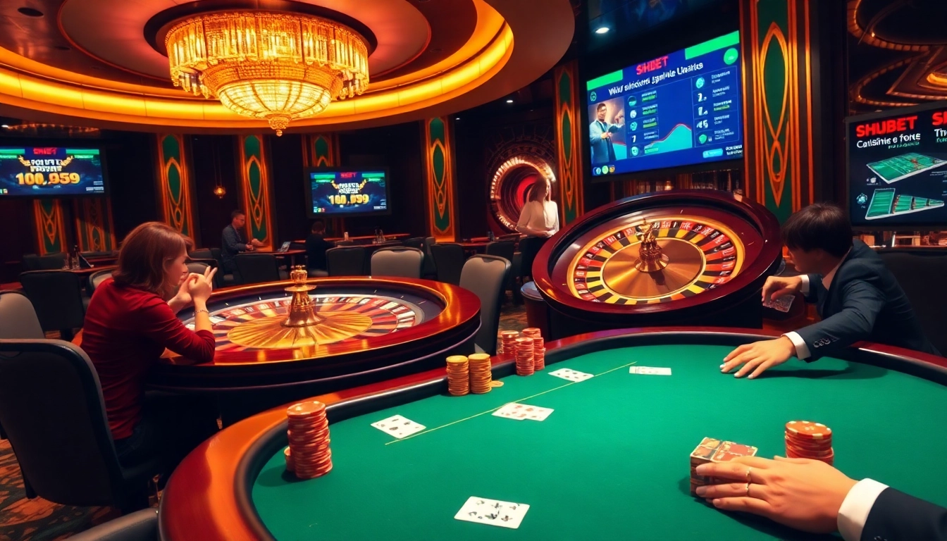 SHBET dazzling online casino scene featuring poker and roulette for an immersive gambling experience.
