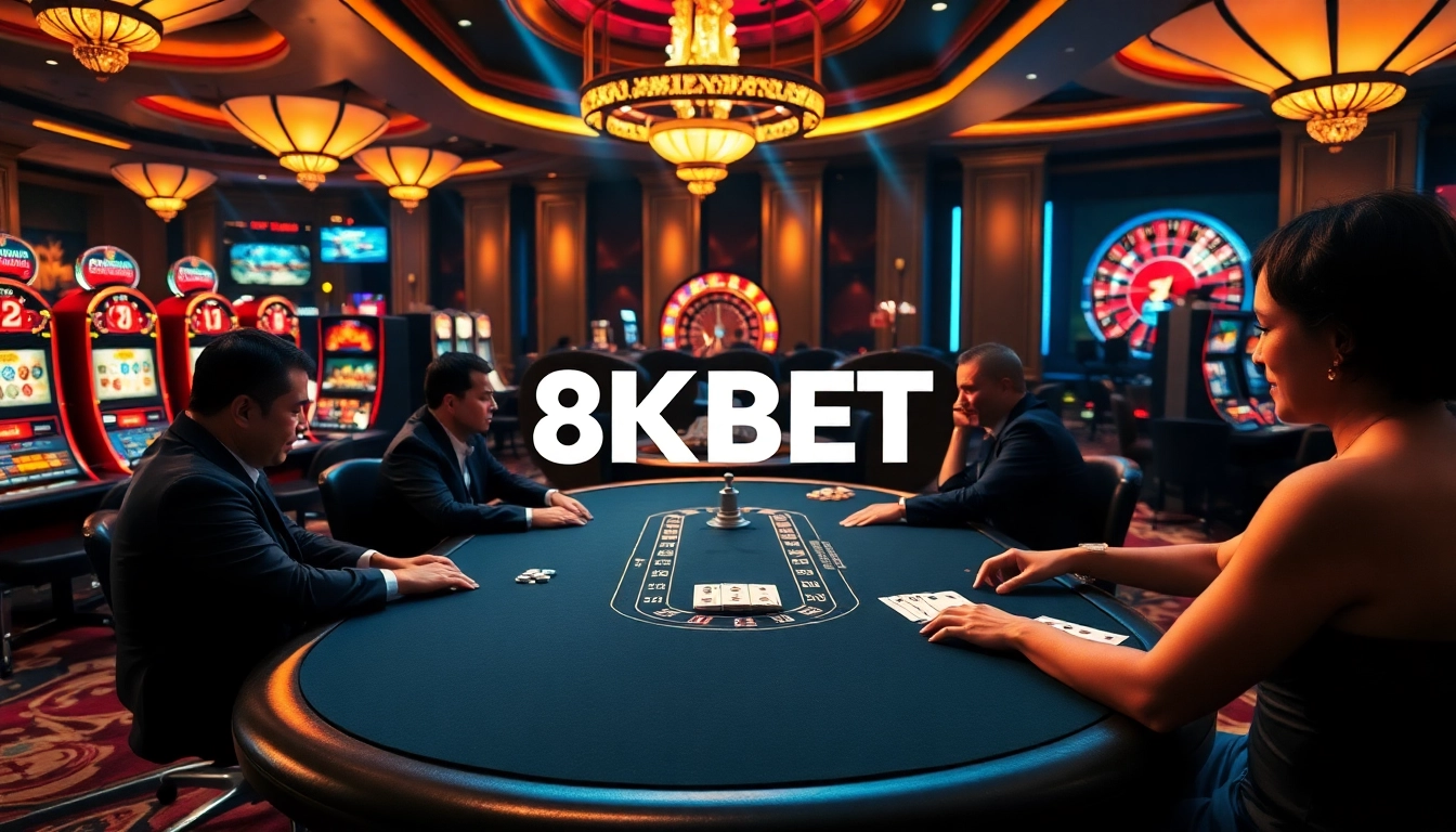 Players engage in high-stakes poker at 8KBET's luxurious casino, embodying excitement and professionalism.