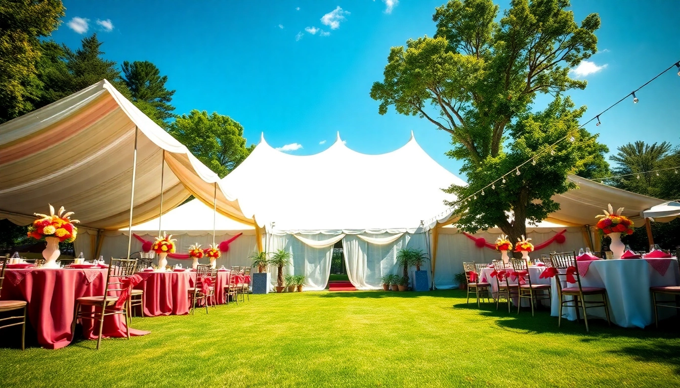 Setting up beautiful party tent rentals with colorful decor on a sunny day outdoors.