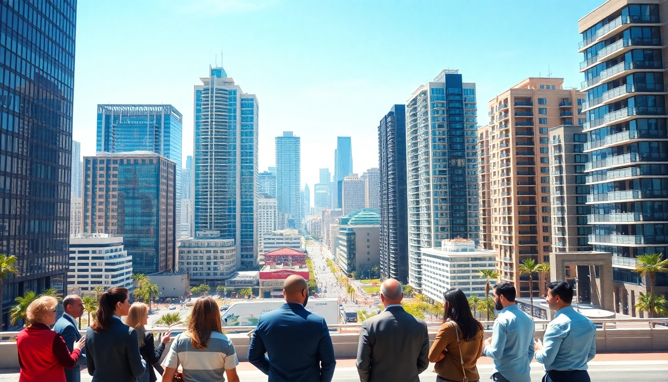 Visualizing Real Estate Finance through a vibrant city scene with professionals discussing investments.