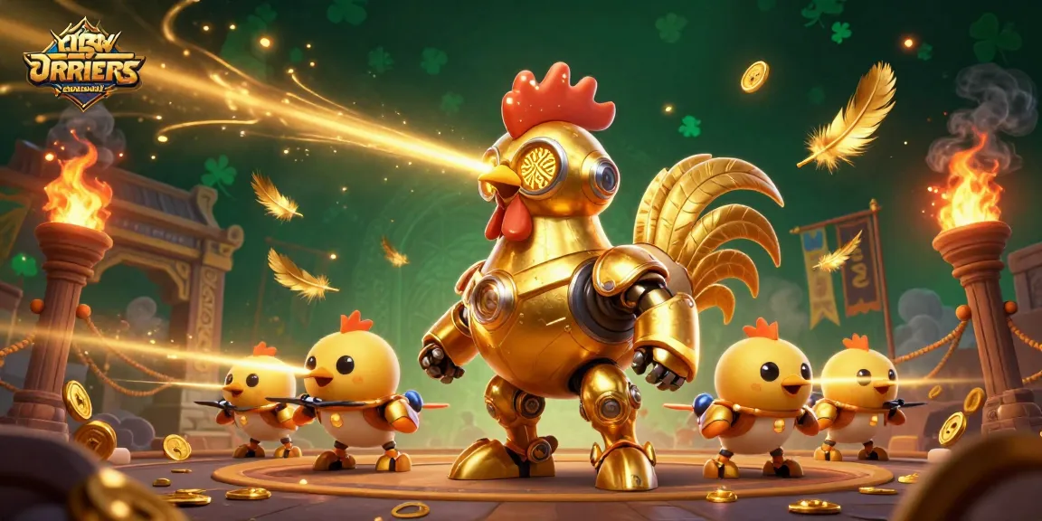cdswarriorsalute menampilkan robot ayam emas futuristik dalam arena judi slot yang dinamis.