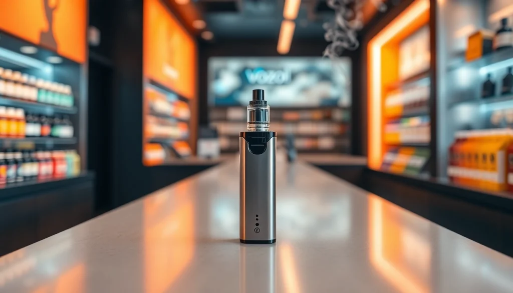Vozol Gerät im Vordergrund, umgeben von bunten E-Liquids, in einem modernen Vape Shop.
