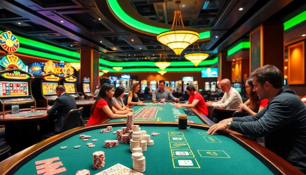 The lively casino experience at KJC AC featuring poker tables, slots, and roulette wheels, highlighting the excitement of online gambling.