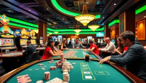 The lively casino experience at KJC AC featuring poker tables, slots, and roulette wheels, highlighting the excitement of online gambling.