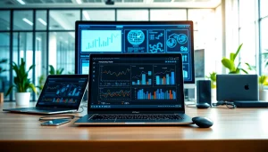 Showcase of technology workspace featuring laptops and gadgets emphasizing innovation.